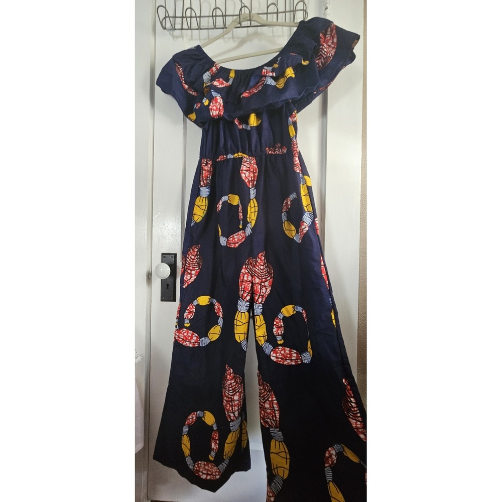 NWT‎ Lapogee worldover ruffle neck  jumpsuit off shoulder flare leg woman Sz L